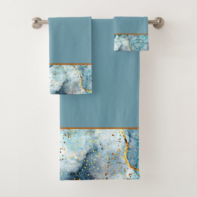 Blue and gold glittery marble  bath towel set (Insitu)