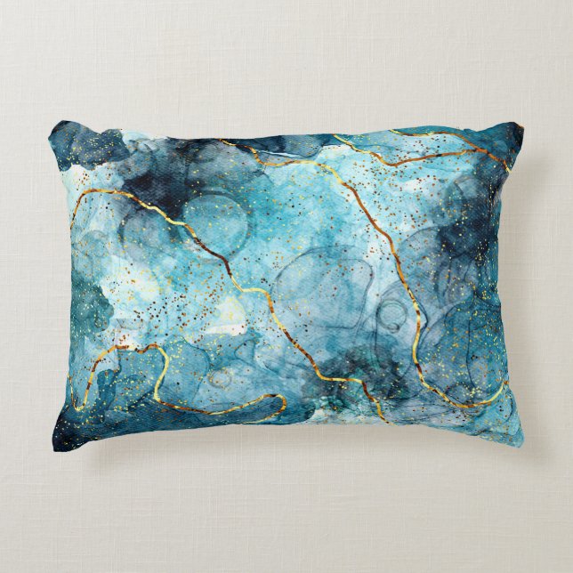 Blue and gold glittery marble  decorative cushion (Front)