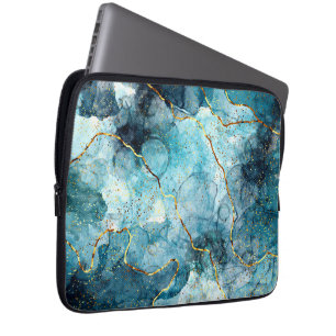 Blue and gold glittery marble laptop sleeve