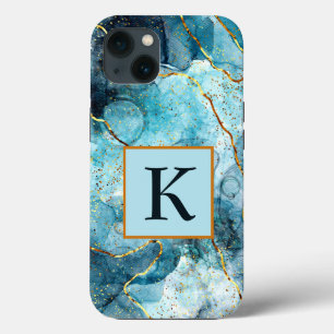 Blue and gold glittery marble monogram iPhone 13 case