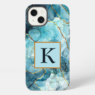 Blue and gold glittery marble monogram iPhone 13 case