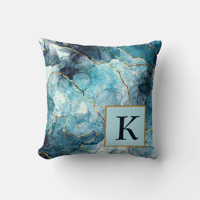 Blue and gold glittery marble  monogram throw pill cushion (Front)