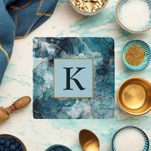 Blue and gold glittery marble  monogram tile