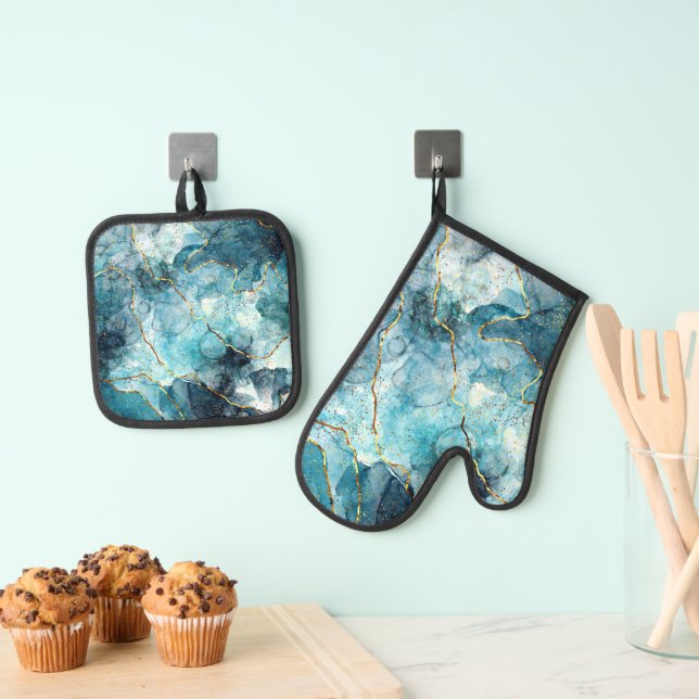 Blue and gold glittery marble  oven mitt & pot holder set (Insitu(Hanging))