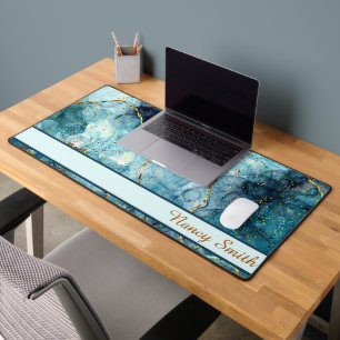 Blue and gold glittery marble personalised desk mat