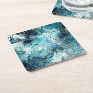 Blue and gold glittery marble  square paper coaster