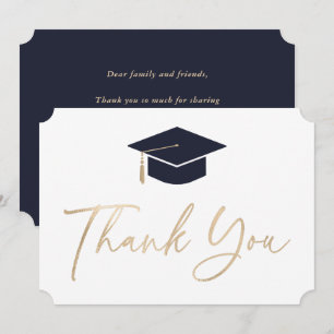 Blue and Gold Graduation Hat Elegant Script Modern Thank You Card