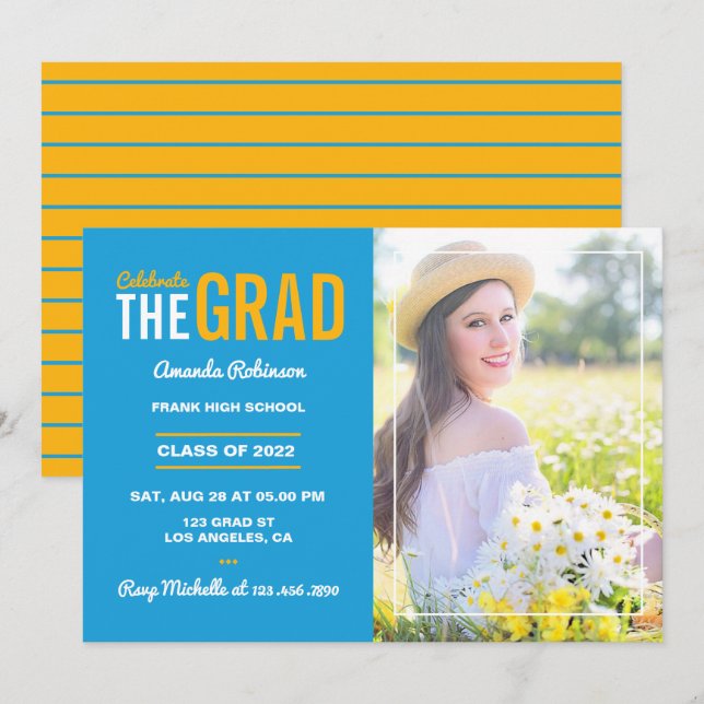 Blue and Gold Graduation Party Invitation (Front/Back)