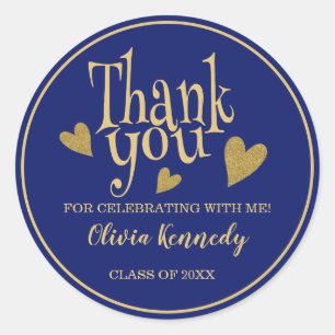 Blue And Gold Graduation Party Thank You Classic Round Sticker