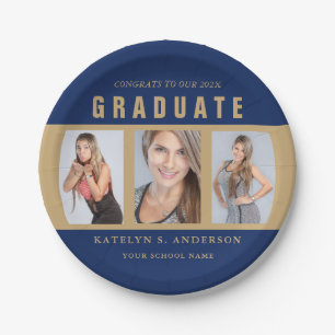 Blue and Gold Graduation Photo Collage Custom Paper Plate