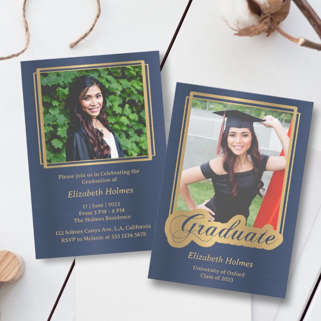 Blue and Gold Graduation Photo Invitation (Creator Uploaded)