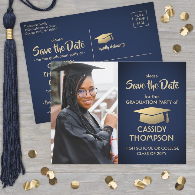 Blue and Gold Graduation Photo Save the Date Postcard (Creator Uploaded)