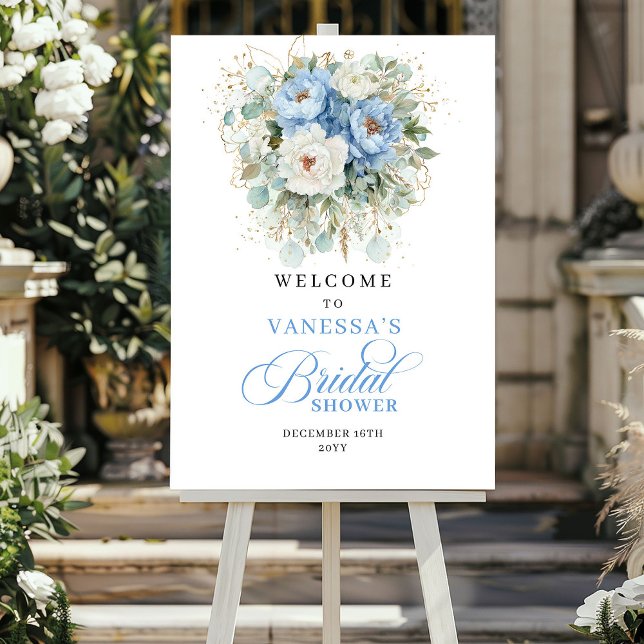 Blue and Gold Greenery Bridal Shower Welcome Poster (Blue and Gold Greenery Bridal Shower Welcome)