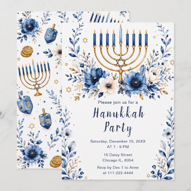 Blue and Gold Hanukkah Party Invitation (Front/Back)