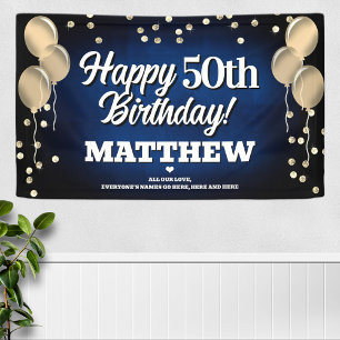 Blue and Gold Happy Birthday Banner