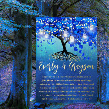 Blue and Gold Heart Leaf Tree Gold Foil Wedding 