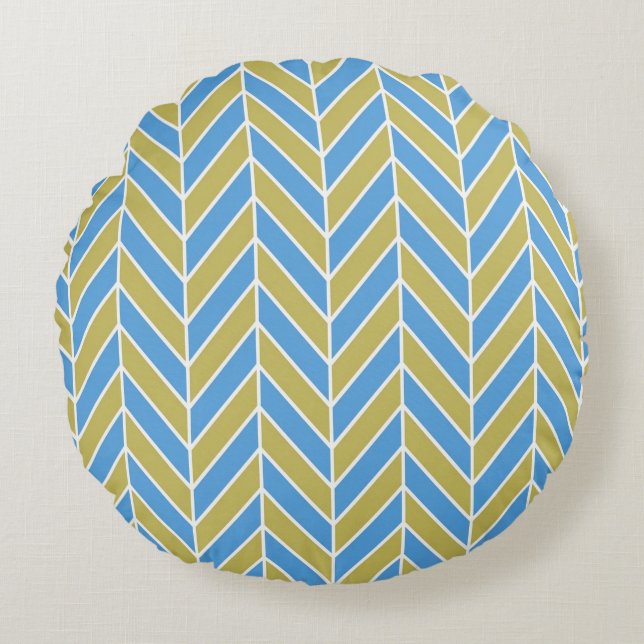 Blue And Gold Herringbone Round Cushion (Front)