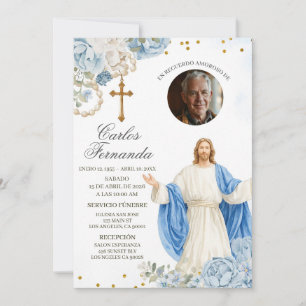 Blue and Gold Jesus Funeral Invitation