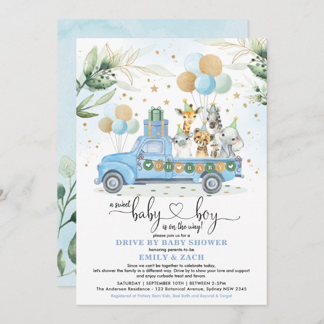 Blue and Gold Jungle Safari Drive Thru Baby Shower Invitation (Front/Back)