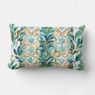 Blue and gold. Leaves and flourishes, stripes Lumbar Cushion