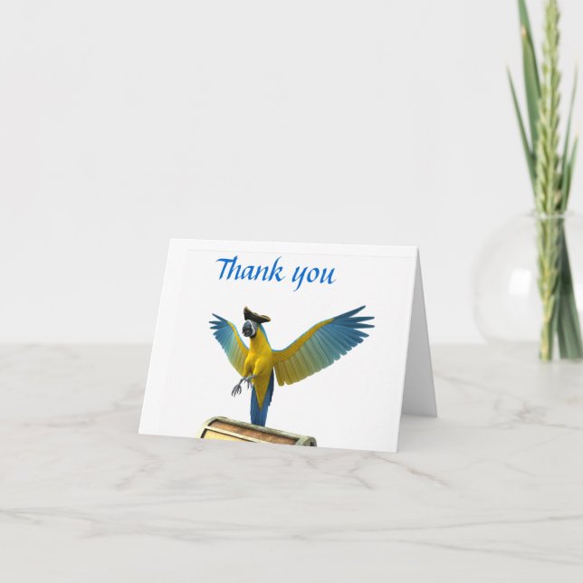 Blue and Gold Macaw Wearing a Pirate Hat Thank You Card (Front)
