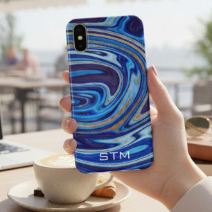 Blue and Gold Marble Agate Monogram Case-Mate iPhone Case