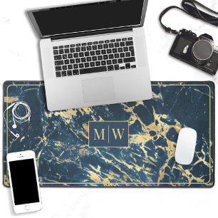 Blue and gold marble elegant monogram desk mat