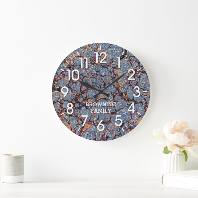 Blue and Gold Marbled Paper with Name Large Clock (Home)