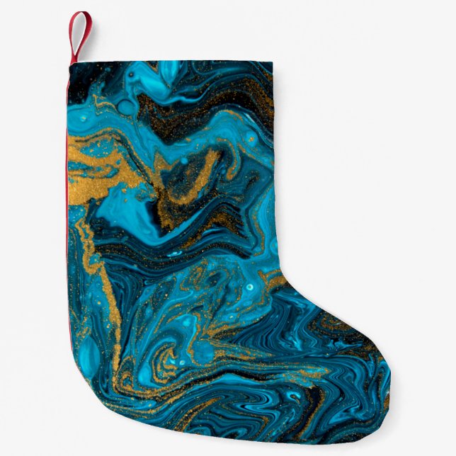 Blue and gold marbling pattern. Golden marble clic Small Christmas Stocking (Front)