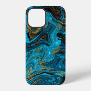 Blue and gold marbling pattern. Golden marble liqu iPhone 12 Case
