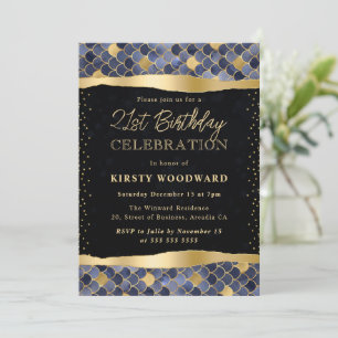 Blue and Gold Mermaid Scales 21st Birthday Invitation