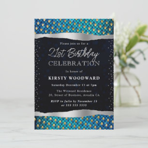 Blue and Gold Mermaid Scales 21st Birthday Invitation