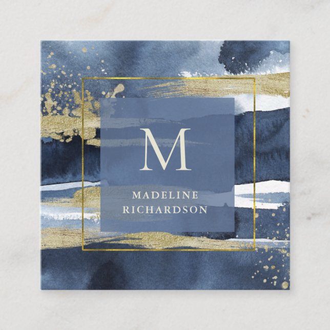 Blue and Gold Modern Abstract | Social Media Square Business Card (Front)