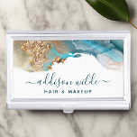 Blue And Gold Modern Art Liquid Watercolor Ink Business Card Holder<br><div class="desc">Blue And Gold Modern Art Liquid Watercolor Ink Business Card Case. Elegant alcohol ink hand lettered style calligraphy script professional design. Perfect for makeup artists,  hair stylists,  cosmetologists,  and more!</div>