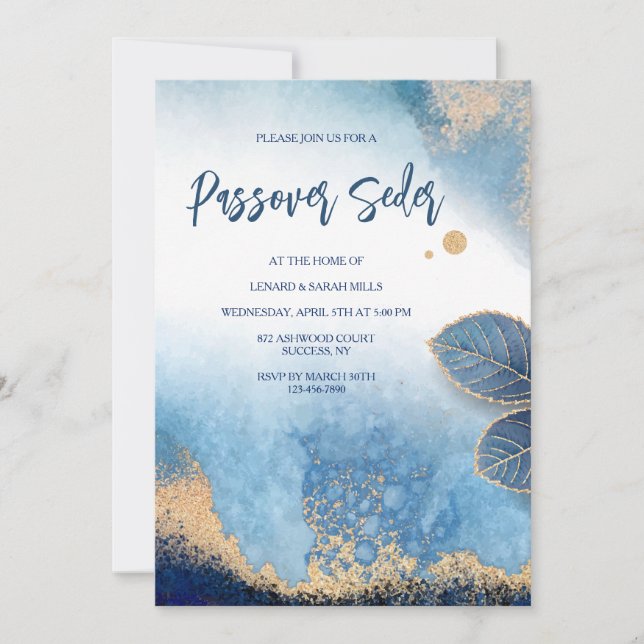 Blue and Gold Modern Passover Invitation  (Front)