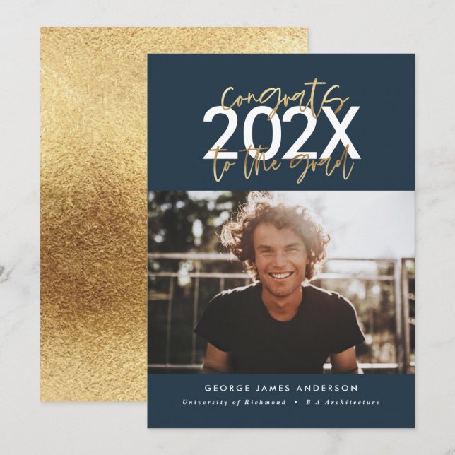 Blue and gold modern script graduation photo (Front/Back)