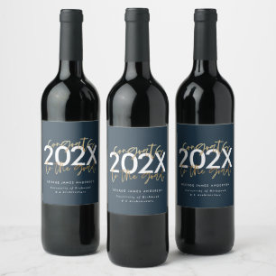 Blue and gold modern script stylish graduate wine label