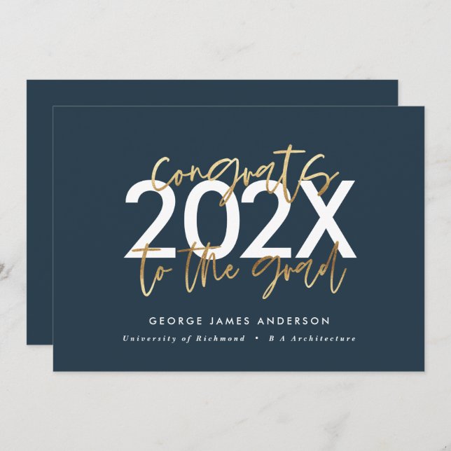 Blue and gold modern script stylish graduation invitation (Front/Back)