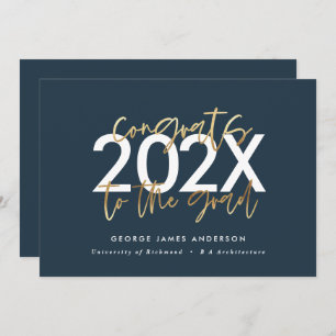 Blue and gold modern script stylish graduation invitation