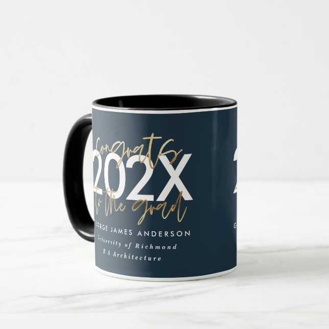 Blue and gold modern script stylish graduation mug (Front Left)