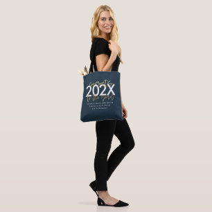 Blue and gold modern script stylish graduation tote bag