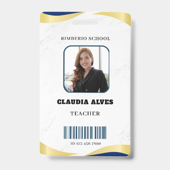 Blue and Gold Modern Teacher Portrait Company  ID Badge (Front)