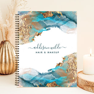 Blue And Gold Modern Watercolor Ink Business Notebook