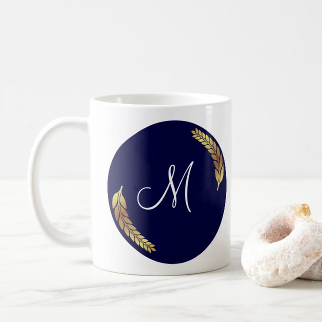 Blue and Gold Monogram (Personalize) Coffee Mug (With Donut)