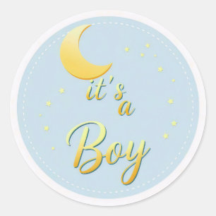 Blue and Gold Moon & Stars It's a Boy Baby Shower Classic Round Sticker