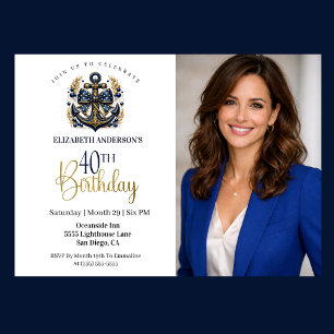 Blue and Gold Nautical Anchor 40th Birthday Photo Invitation