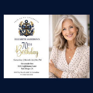 Blue and Gold Nautical Anchor 70th Birthday Photo Invitation