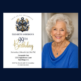 Blue and Gold Nautical Anchor 99th Birthday Photo Invitation