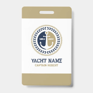 Blue and gold nautical boat anchor ID badge