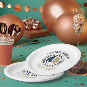 Blue and gold nautical boat anchor  paper plate